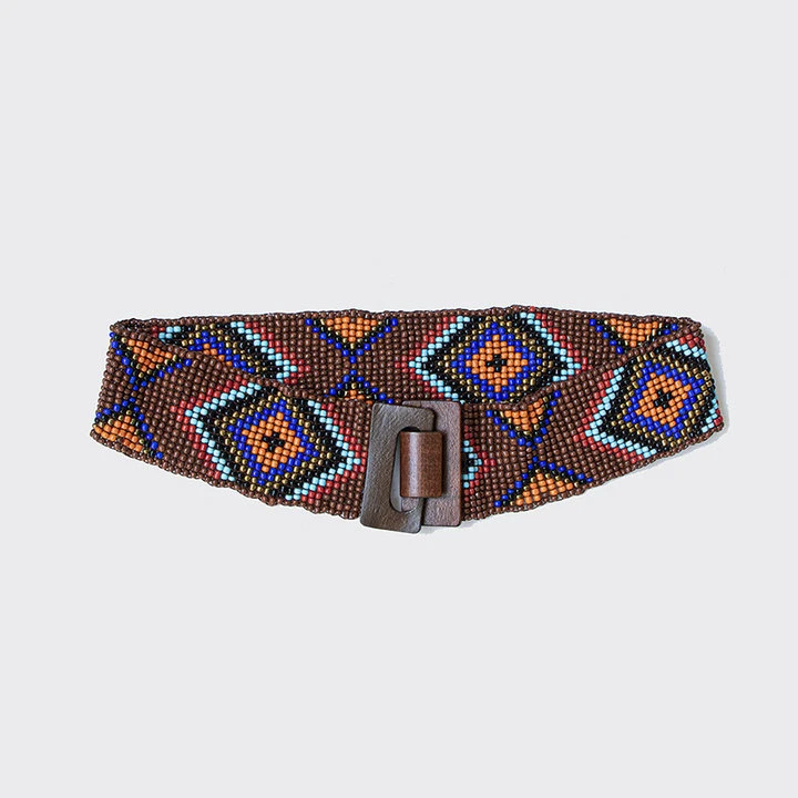 Women′s Handmade Beaded Bohemian Geometric Colorful Elastic Wood Buckle Ethnic Waistband Fashion Belt Custom Waistband