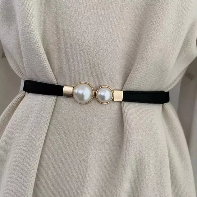 New Designer Ladies White Belt Fashion Sweater Black PU Leather Pearls Belt for Women Dress Cloth